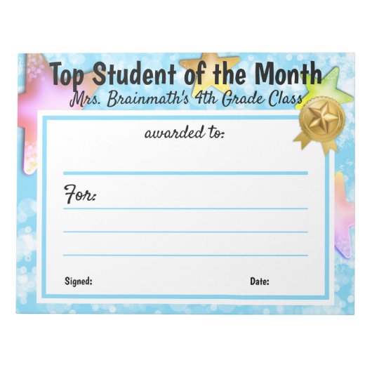 Student van de maand leraar certificaat award notitieblok (Voorkant)