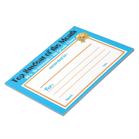 Student van de maand leraar certificaat award notitieblok (Schuin)