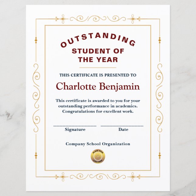 Student van het jaartal Achievement Certificate Cu (Voorkant)