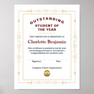 Student van het jaartal Achievement Certificate Cu Poster
