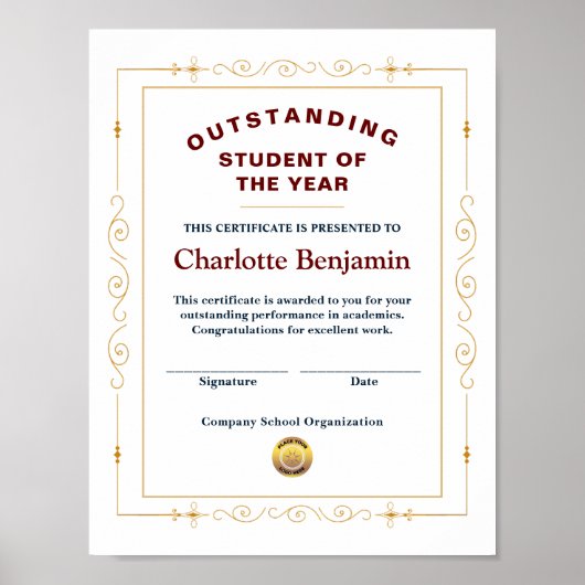 Student van het jaartal Achievement Certificate Cu Poster (Voorkant)