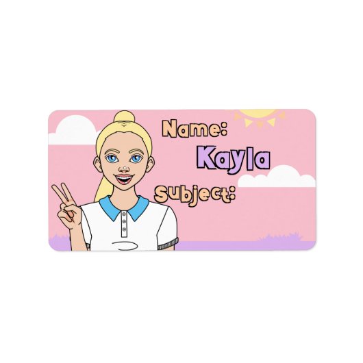 Studentenboek Blonde Pink Cartoon Girl School Etiket (Voorkant)