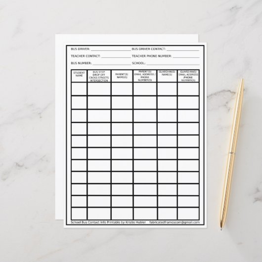 Studentenlijst voor buschauffeurs Afdrukbare conta (Voorkant / Achterkant in situ)