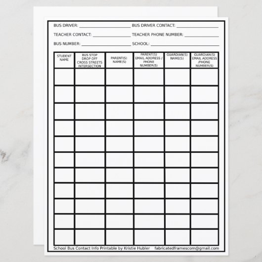 Studentenlijst voor buschauffeurs Afdrukbare conta (Voorkant / Achterkant)