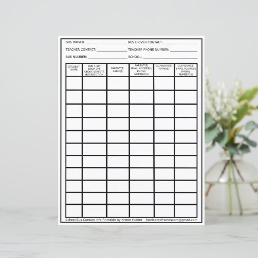 Studentenlijst voor buschauffeurs Afdrukbare conta (Staand voorkant)