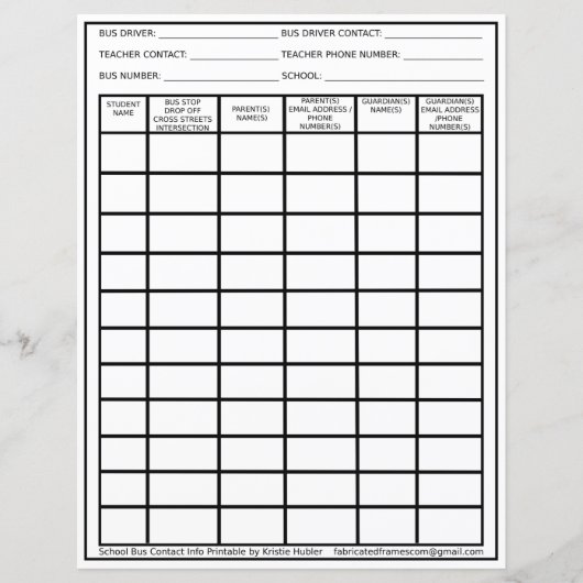 Studentenlijst voor buschauffeurs Afdrukbare conta (Voorkant)