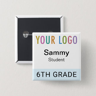 Studentennaamkaartje met school logo lichtblauw vierkante button 5,1 cm