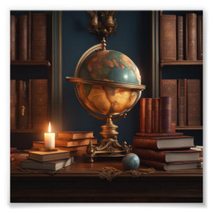 Studeren met Wereldbol, Boeken en Kaars Foto Afdruk