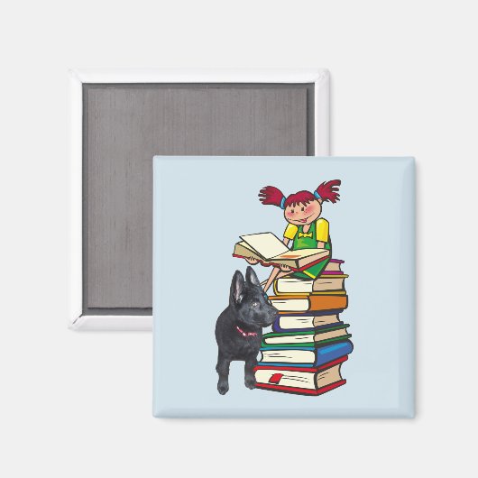 Studie Buddy Puppy met schoolmeisje op Boeken, ZKO Magneet (Voorkant / Achterkant)