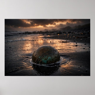 Studie in getij — Bronzen bol, zwart zand Poster