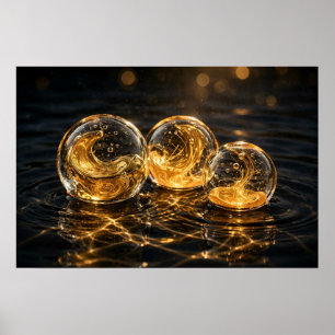 Studie in reflectie — glazen bollen op zwart water poster