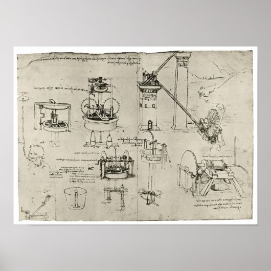 Studie van de zuigpompen, Leonardo da Vinci Poster (Voorkant)