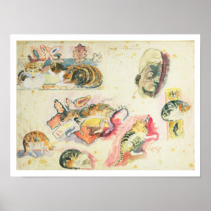 Studie van katten en een kop (m/v op papier) poster