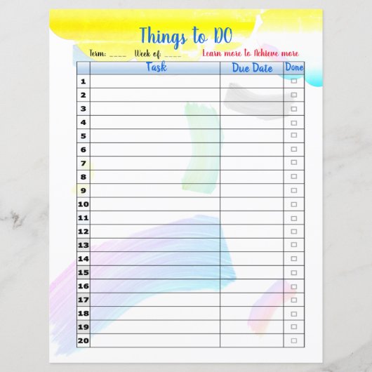 Studieplank voor regenboogWaterverf en te DOEN din (Achterkant)