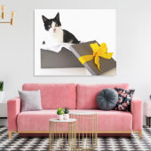 Studio-opname van zwarte en witte kat in cadeaudoo canvas afdruk (Insitu (Woonkamer))