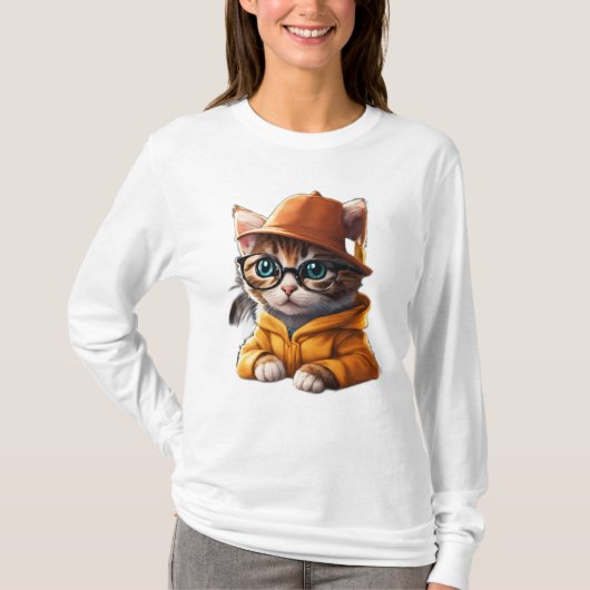 Studious Kat: Cartoon Kitten met Pet & Bril T-shirt (Voorkant)