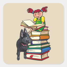 Study Buddy GSD Puppy & School Girl op Boeken Vierkante Sticker
