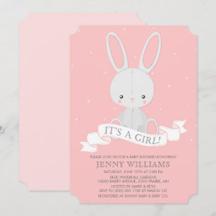 Stuffed Bunny Rabbit Girl Baby shower Invitation Kaart