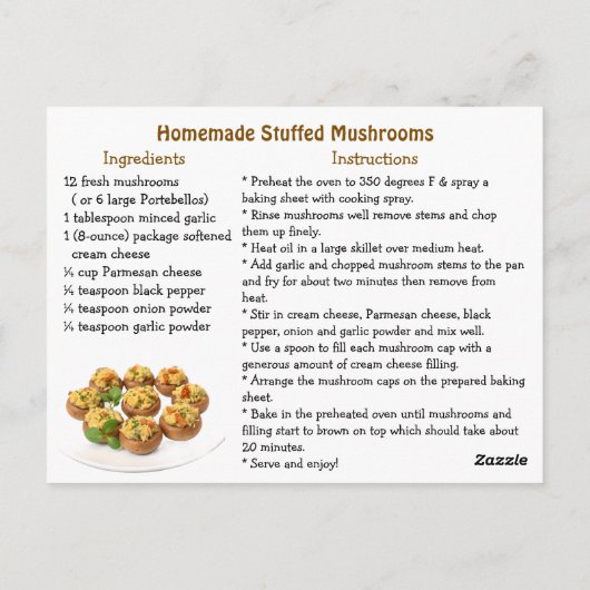 Stuffed Mushroom Recipe Card Briefkaart (Achterkant)