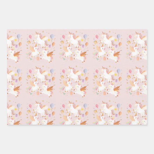 Stuiterende eenhoorns pastel roze schattige verjaa inpakpapier vel (Voorkant 3)