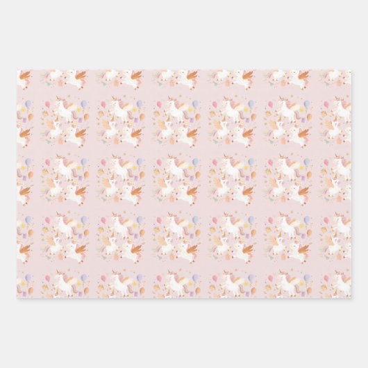 Stuiterende eenhoorns pastel roze schattige verjaa inpakpapier vel (Voorkant)