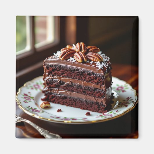 Stuk chocoladetaart op een fancy bord magneet (Voorkant)