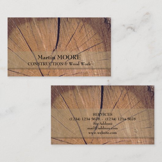 Stuk onbewerkt hout visitekaartje (Voorkant / Achterkant)