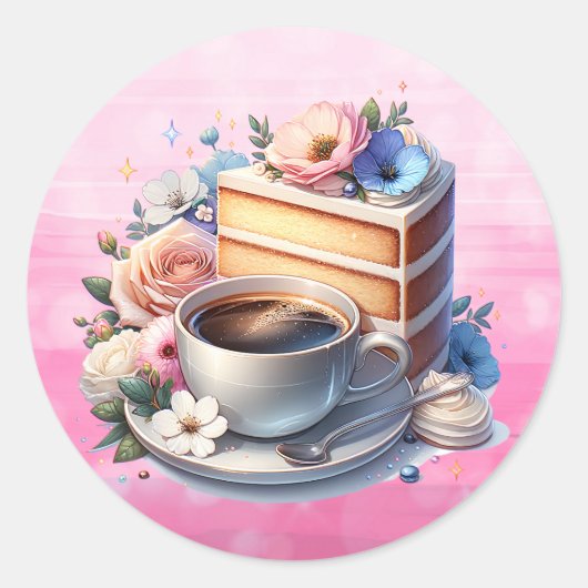 Stukje cake, kopje koffie en bloemen ronde sticker (Voorkant)