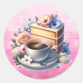 Stukje cake, kopje koffie en bloemen ronde sticker