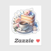 Stukje cake, kopje koffie en bloemen sticker (Vel)