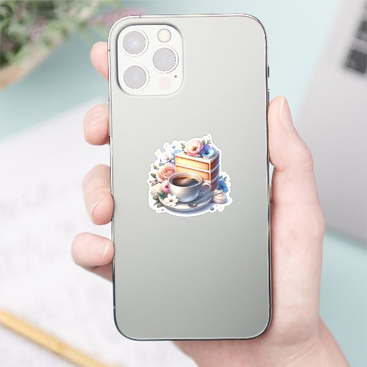 Stukje cake, kopje koffie en bloemen sticker (Telefoon)