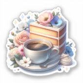Stukje cake, kopje koffie en bloemen sticker (Voorkant)