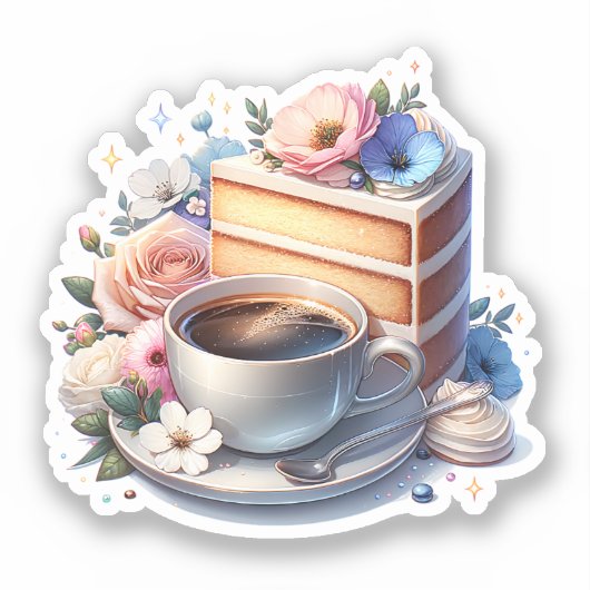 Stukje cake, kopje koffie en bloemen sticker (Voorkant)