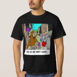 Stumped: Ketenzaag Vs Boom grappige strip T-shirt