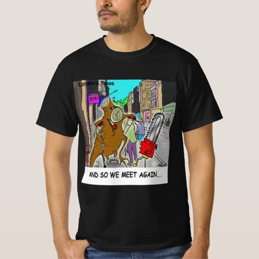 Stumped: Ketenzaag Vs Boom grappige strip T-shirt (Voorkant)