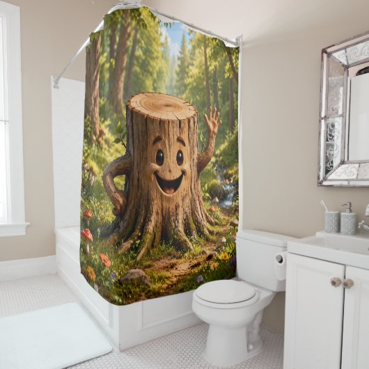 Stumpy de vriendelijke boomstronk, betoverd bos douchegordijn (In situ)