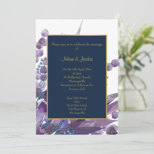 STUNNEN NAVY WHITE EUCALYPTUS WEDDING CUSTOM KAART (Staand voorkant)