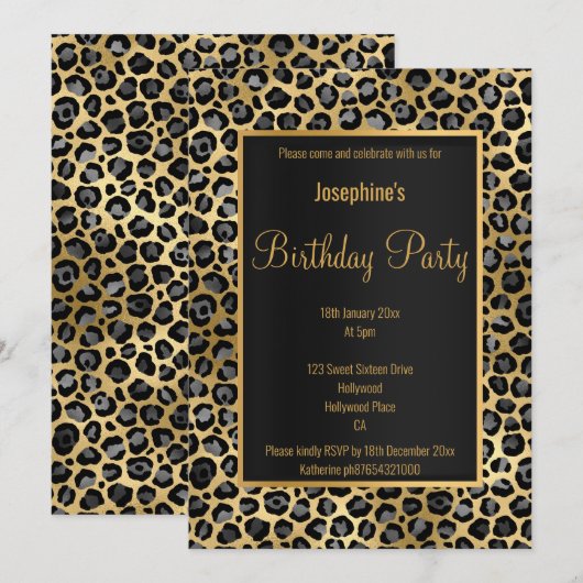 STUNNEN ZWART EN GOLD 2 LEOPARD BIRTHDAY KAART (Voorkant / Achterkant)