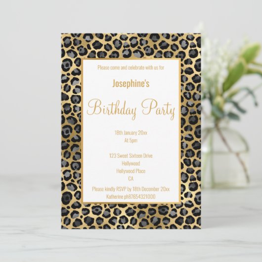 STUNNEN ZWART EN GOUD LEOPARD BIRTHDAY KAART (Staand voorkant)