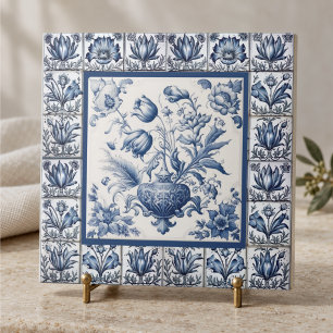 Stunning bloemmotief Blauwe toile de jouy monogram Tegeltje
