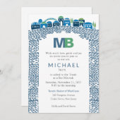 Stunning Blue Wailing Jerusalem Mitzvah Invite Kaart (Voorkant / Achterkant)