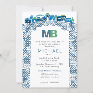Stunning Blue Wailing Jerusalem Mitzvah Invite Kaart