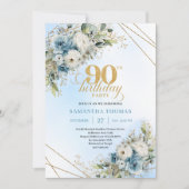 Stunning Boho Dusty Blue Floral Gold 90th Birthday Kaart (Voorkant)