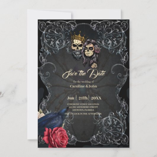 Stunning donkere gotische trouwdesign met schedels save the date (Voorkant)