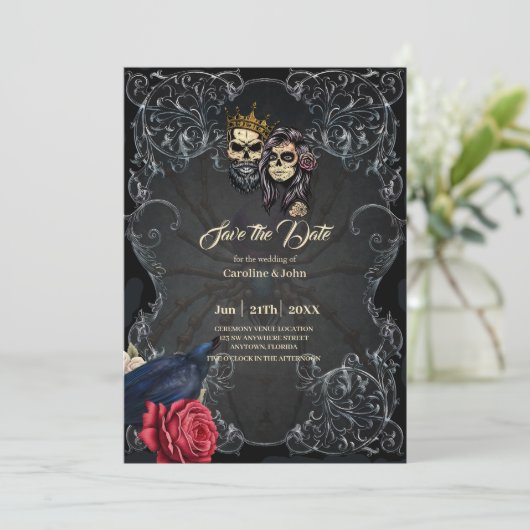 Stunning donkere gotische trouwdesign met schedels save the date (Staand voorkant)