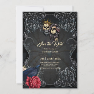 Stunning donkere gotische trouwdesign met schedels save the date