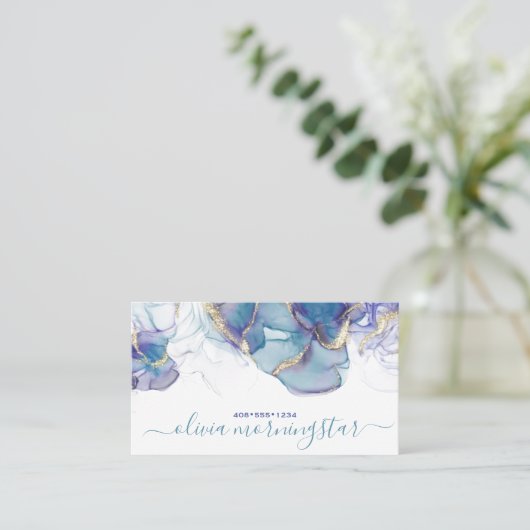 Stunning Dusty Blue Violet Gold Accent Alcohol Ink Visitekaartje (Staand voorkant)