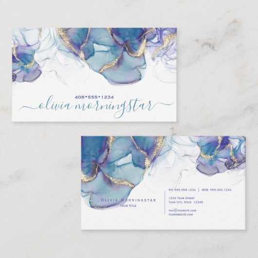 Stunning Dusty Blue Violet Gold Accent Alcohol Ink Visitekaartje (Voorkant / Achterkant)