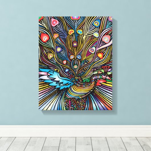 Stunning Pauw in Huichol stijl Kunst Canvas Afdruk (Insitu (Houten vloer))