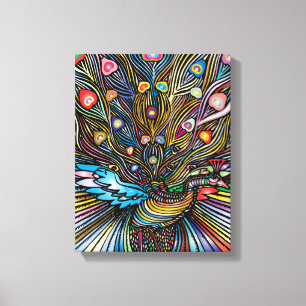 Stunning Pauw in Huichol stijl Kunst Canvas Afdruk